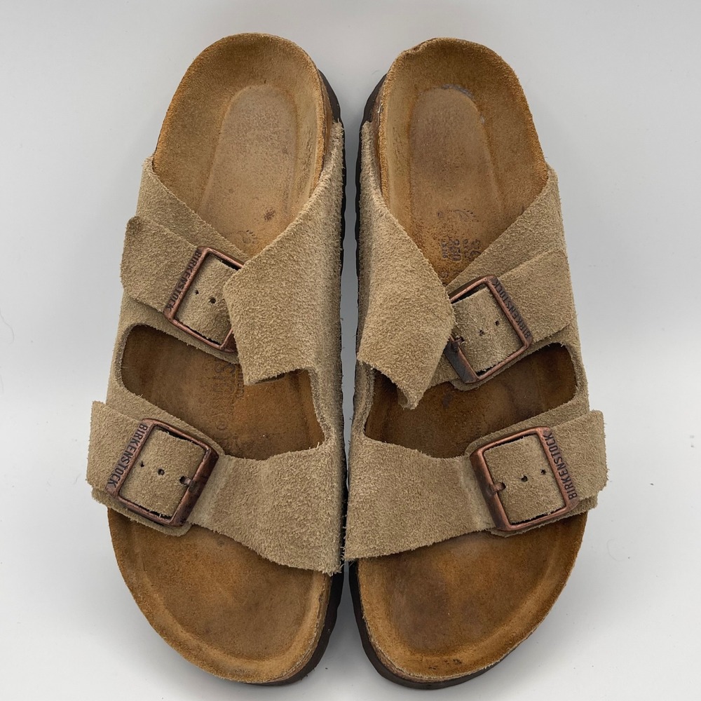 Birkenstock Arizona Taupe Suede Two Strap Slide Sandals Womens 39 L8 M6